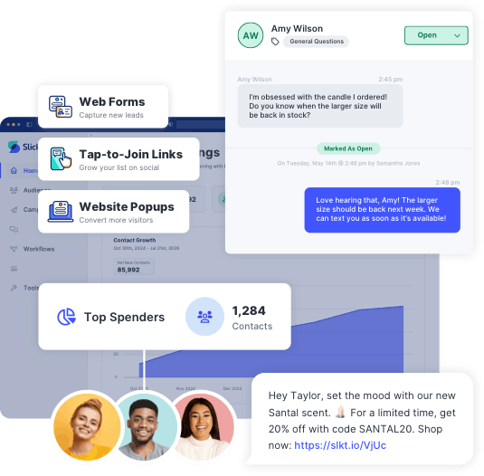 SlickText shared inbox conversation, audience segment, and SMS campaign alongside web forms, tap-to-join links, and website popups