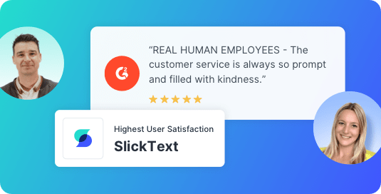 Photos of SlickText team members and a five-star review about customer support