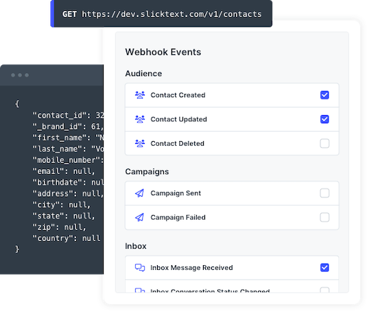 SlickText REST API and webhook events for custom enterprise applications