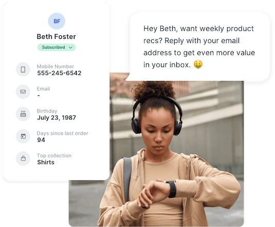 Woman replying to a promotional text with her email address