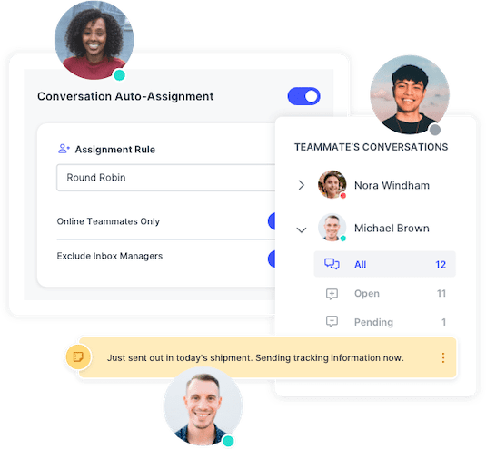 SlickText UI showing collaborative customer support through auto-assignments, notes, and online statuses