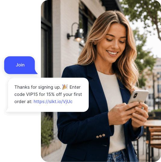 A customer receives an SMS auto-reply triggered by signing up for a texting list