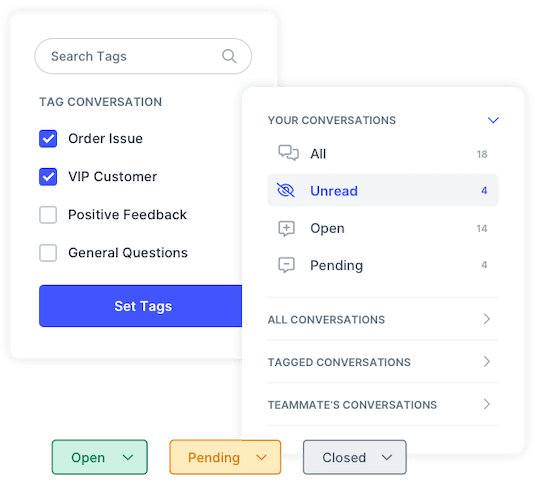 SlickText Inbox UI showing text conversation tags and statuses for a team of customer support agents