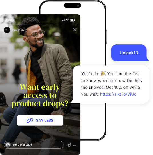 Example of a tap-to-join link posted on an Instagram story and SMS confirmation message