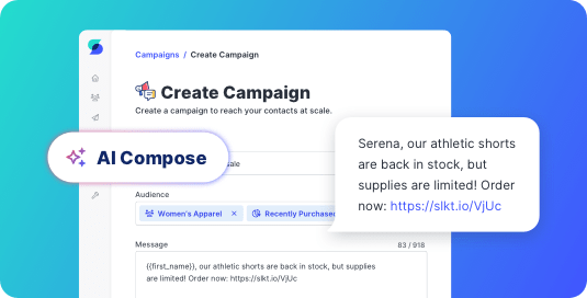 SlickText UI showing how to build an mass texting campaign with AI