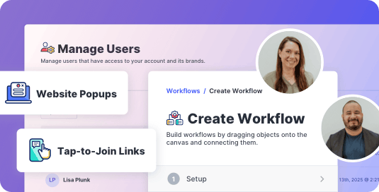 Team members managing website popups, tap-to-join links, and workflows in SlickText