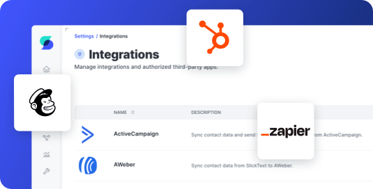 SlickText integrations page showing HubSpot, Mailchimp, and Zapier connections
