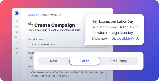 Scheduling a text broadcast campaign to send now, later, or on a recurring schedule