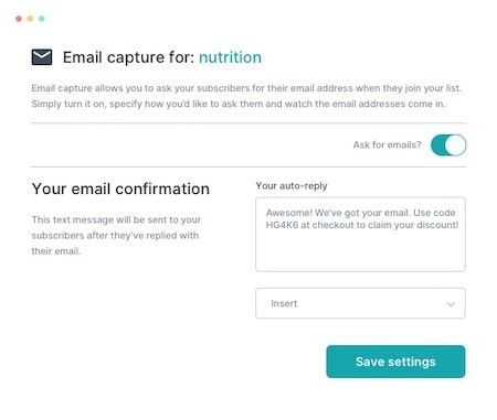 Interface for collecting emails with text to join