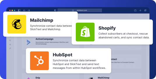 Mailchimp integration, HubSpot integration, and Shopify integration available in the SlickText platform