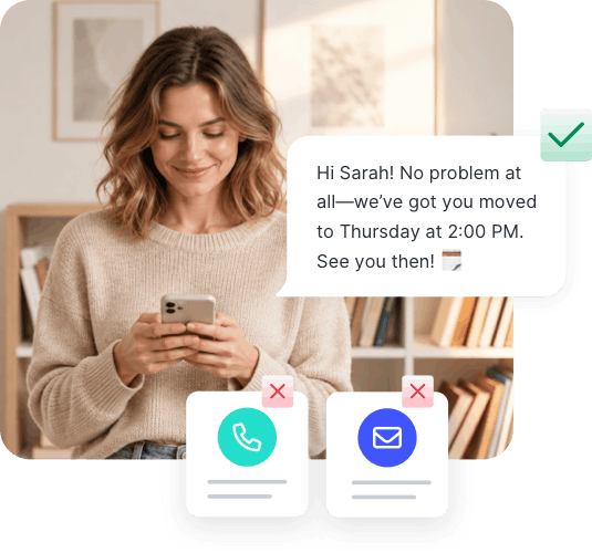 Woman smiling at her phone as she reads a text from a business confirming her appointment moved to Thursday at 2:00 PM, with phone call and email options crossed out