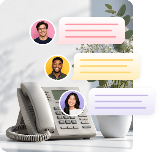 Office landline phone surrounded by incoming text message bubbles from three customers