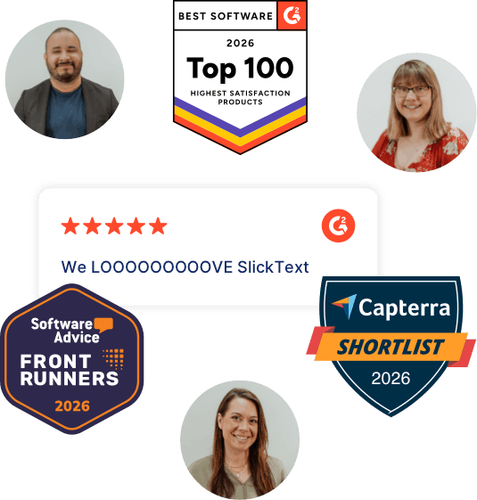 Photos of real SlickText employees, industry awards, and a 5-star review