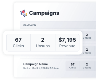 Data showing clicks and revenue made with SlickText’s SMS marketing platform for agencies