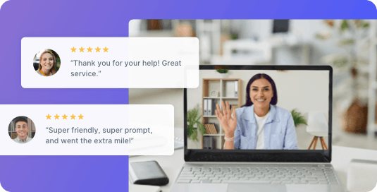 A SlickText support specialist on a video call alongside five star customer reviews